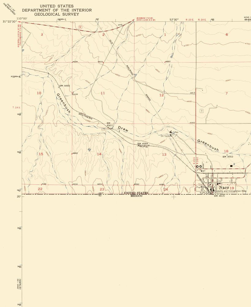 Topographical Map - Naco Arizona Quad - USGS 1958 - 23 x 28.09 - Vintage Wall Art