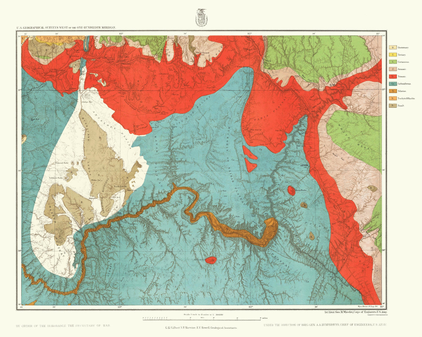 Topographical Map - Arizona Northern Utah Southern Geographical - US Army 1872 - 23 x 28 - Vintage Wall Art