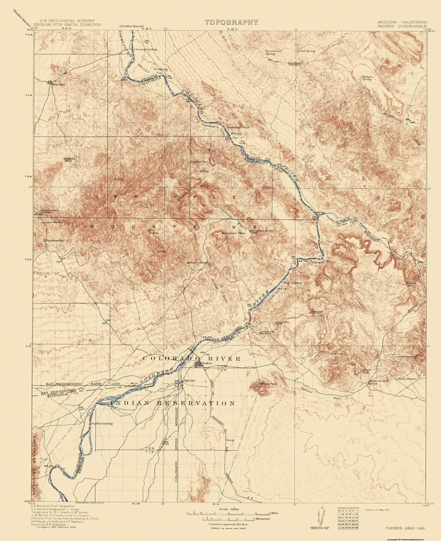 Topographical Map - Parker Arizona California Quad - USGS 1911 - 23 x 28.25 - Vintage Wall Art