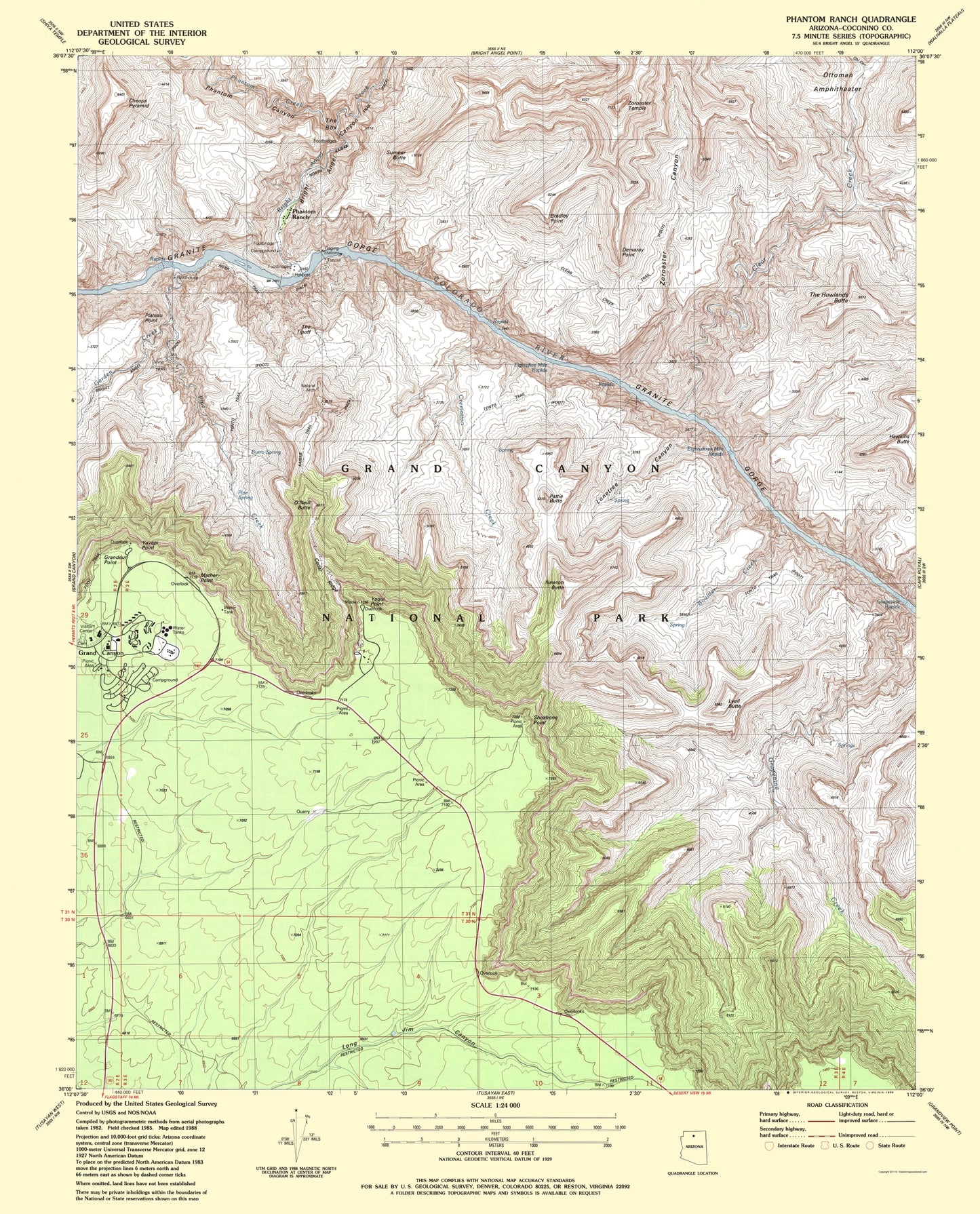 Topographical Map - Phantom Ranch Arizona Quad - USGS 1988 - 23 x 28.50 - Vintage Wall Art