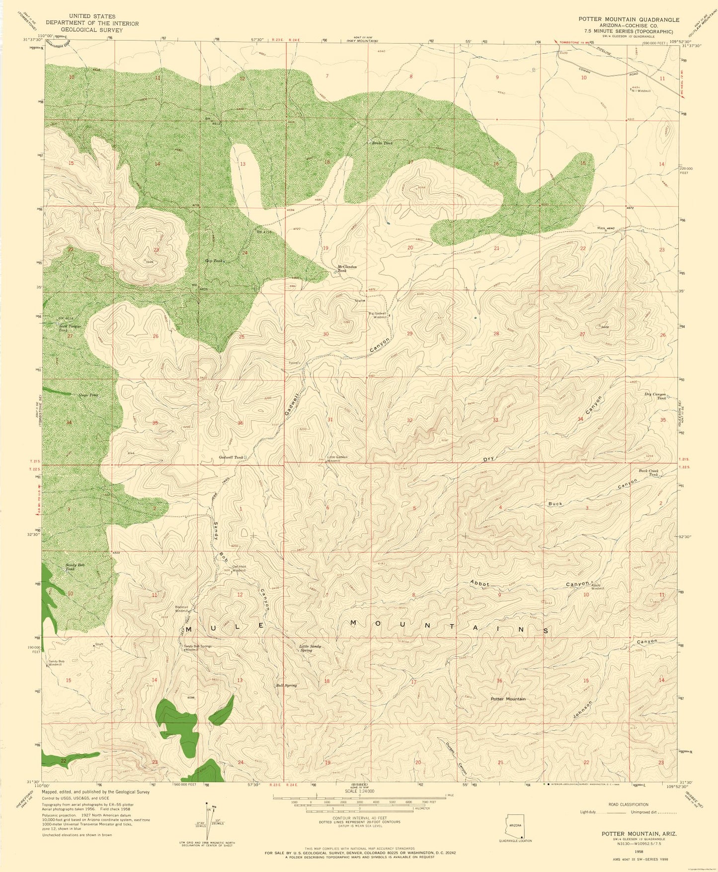 Topographical Map - Potter Mountain Arizona Quad - USGS 1958 - 23 x 27.91 - Vintage Wall Art