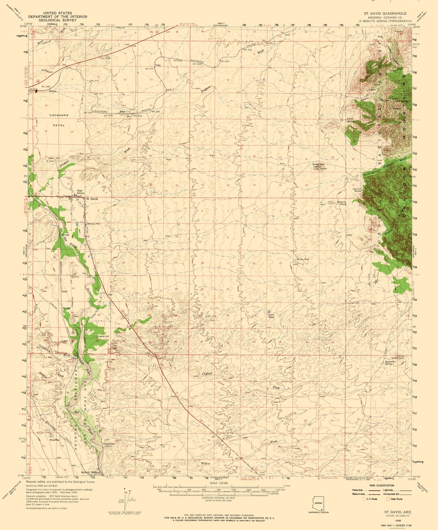 Topographical Map - St David Arizona Quad - USGS 1958 - 23 x 27.87 - Vintage Wall Art