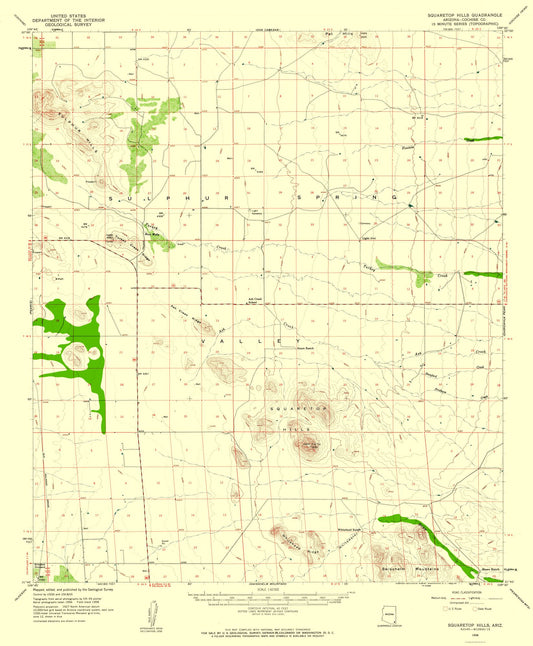 Topographical Map - Squaretop Hills Arizona Quad - USGS 1958 - 23 x 27.88 - Vintage Wall Art