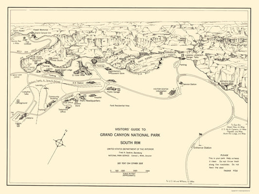 Historic State Map - Grand Canyon South Rim Guide - US Park Services 1955 - 23 x 30 - Vintage Wall Art