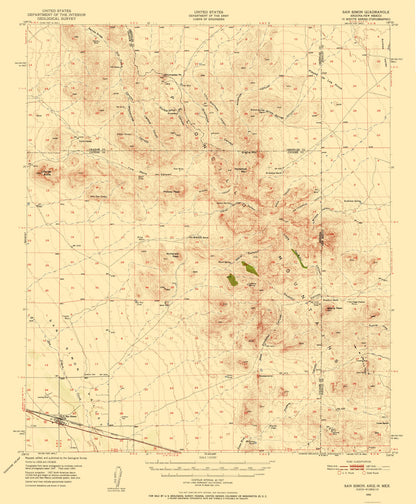 Topographical Map - San Simon Arizona Quad - USGS 1950 - 23 x 27.86 - Vintage Wall Art