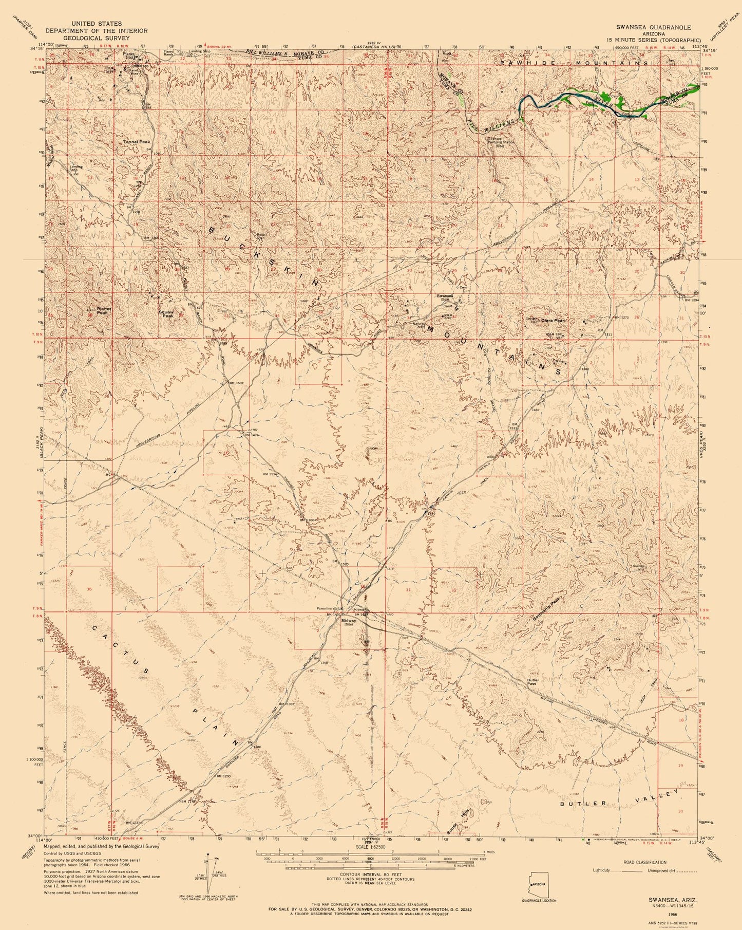 Topographical Map - Swansea Arizona Quad - USGS 1966 - 23 x 28.80 - Vintage Wall Art