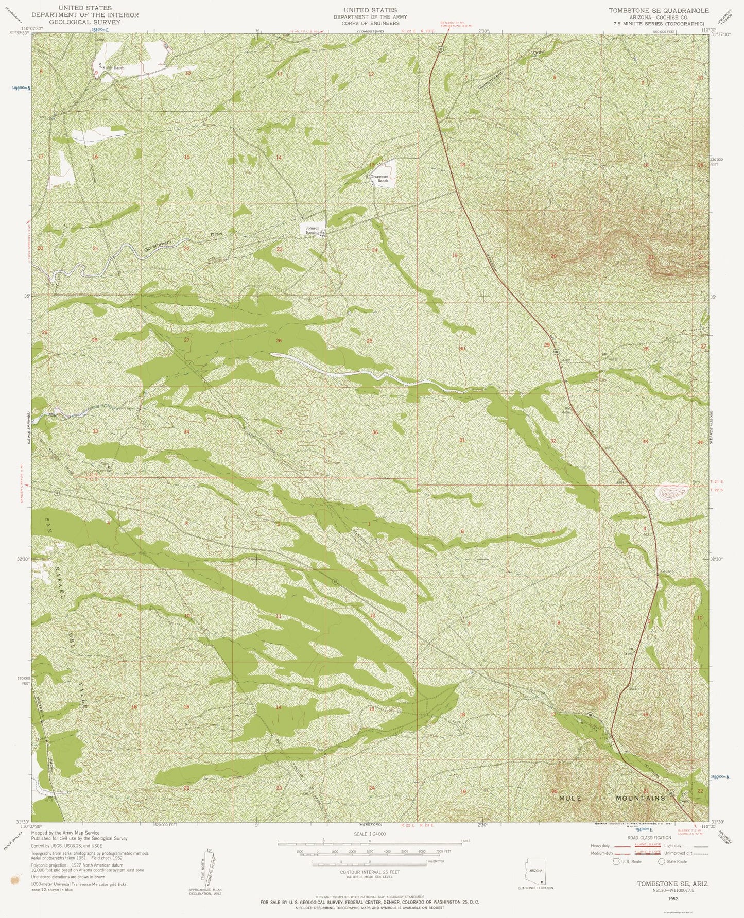 Topographical Map - South East Tombstone Arizona Quad - USGS 1952 - 23 x 28.37 - Vintage Wall Art