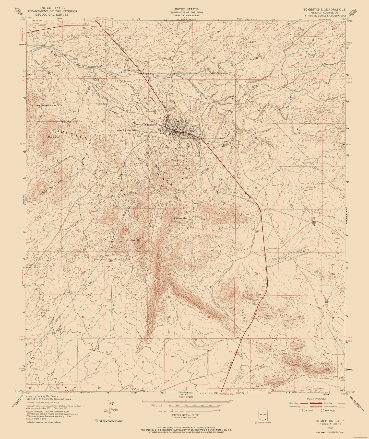 Topographical Map - Tombstone Arizona Quad - USGS 1952 - 23 x 27.34 - Vintage Wall Art