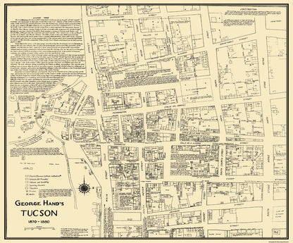 Historic City Map - Tucson Arizona - Hand 1870 - 27.75 x 23 - Vintage Wall Art