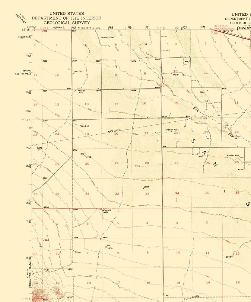 Topographical Map - Vanar Arizona Quad - USGS 1950 - 23 x 27.63 - Vintage Wall Art