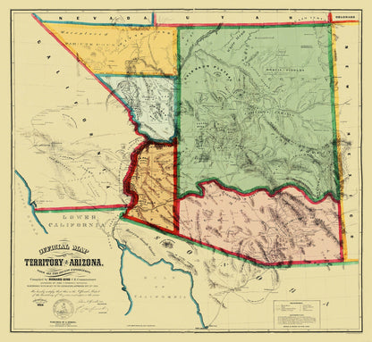 Historic State Map - Arizona Territory - Gird 1865 - 25 x 23 - Vintage Wall Art