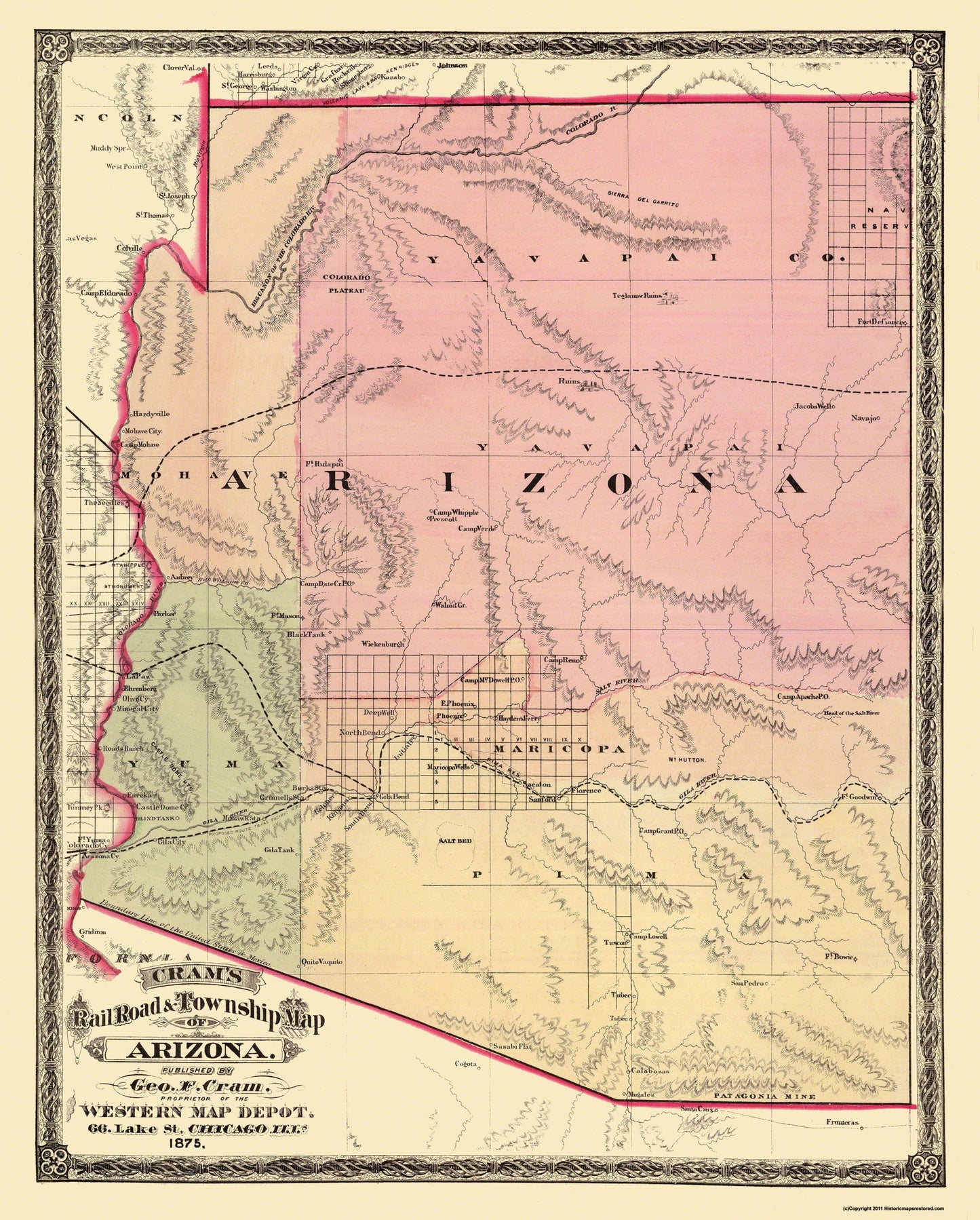 Historic State Map - Arizona - Cram 1875 - 23 x 28.63 - Vintage Wall Art