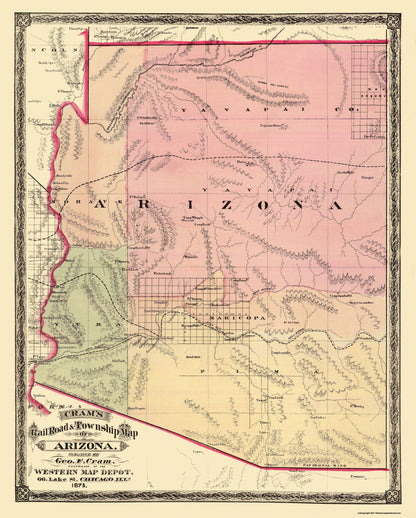 Historic State Map - Arizona - Cram 1875 - 23 x 28.63 - Vintage Wall Art