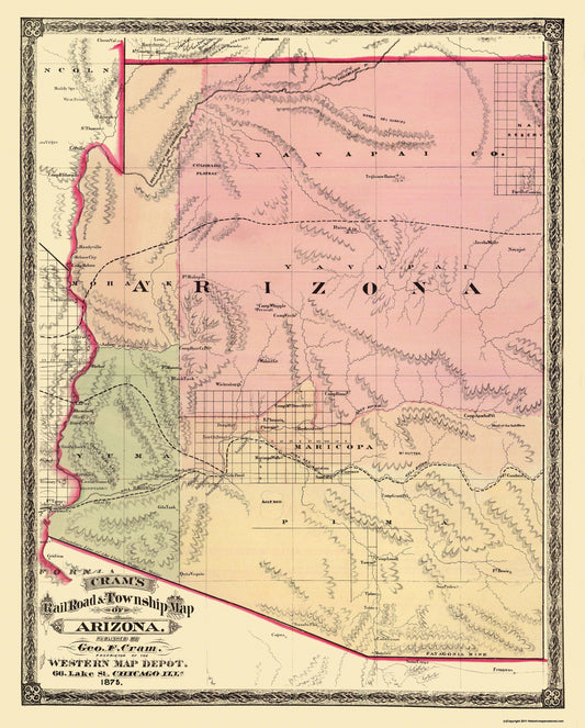 Historic State Map - Arizona - Cram 1875 - 23 x 28.63 - Vintage Wall Art