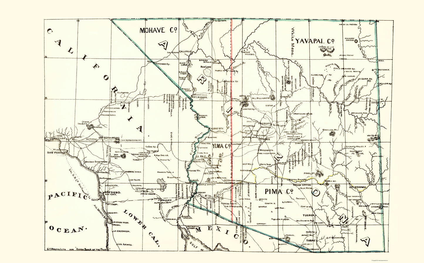 Historic State Map - Arizona Guide Book of the Pacific - Brown 1866 - 23 x 37.06 - Vintage Wall Art