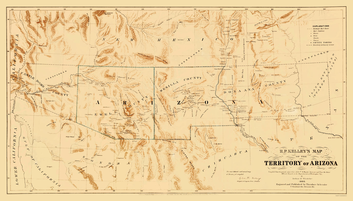 Historic State Map - Arizona Territory R.P. Kelley - Schrader 1860 - 23 x 40.42 - Vintage Wall Art