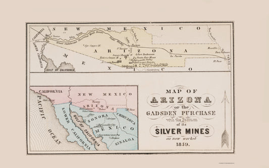 Historic Mine Map - Arizona Gadsden Purchase Silver Mines - Roskruge 1859 - 23 x 36.77 - Vintage Wall Art