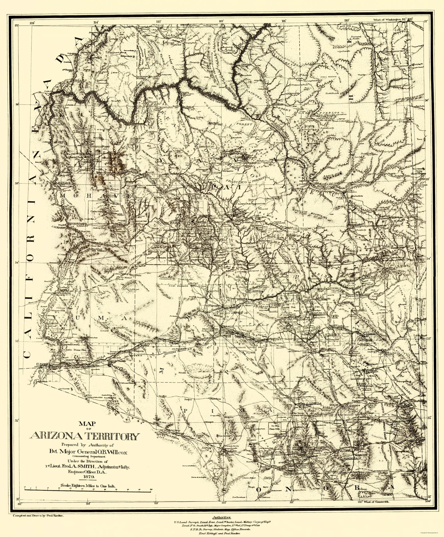 Historic State Map - Arizona - Riecker 1879 - 23 x 27.84 - Vintage Wall Art