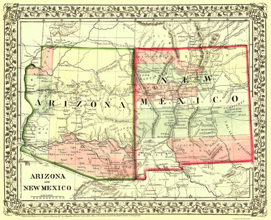 Historic State Map - Arizona  New Mexico - Mitchell 1867 - 23 x 28.29 - Vintage Wall Art