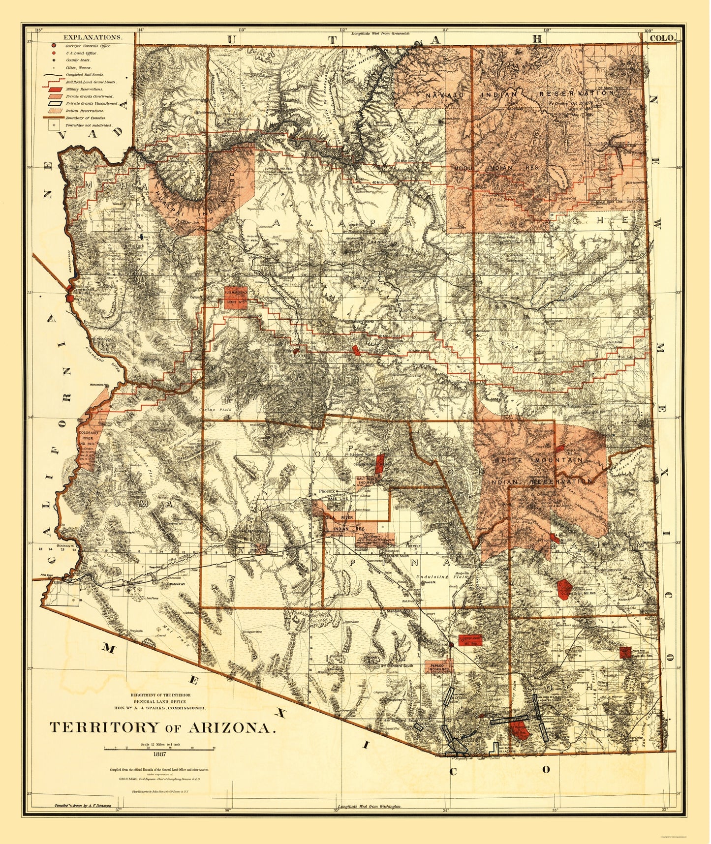 Historic State Map - Arizona Territory - Bien 1887 - 23 x 27.31 - Vintage Wall Art