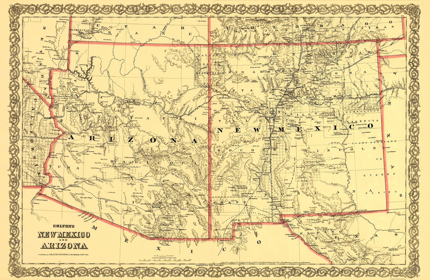 Historic State Map - Arizona  New Mexico - Colton 1873 - 23 x 35.19 - Vintage Wall Art