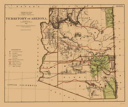 Historic State Map - Arizona Territory - GLO 1876 - 23 x 27.50 - Vintage Wall Art