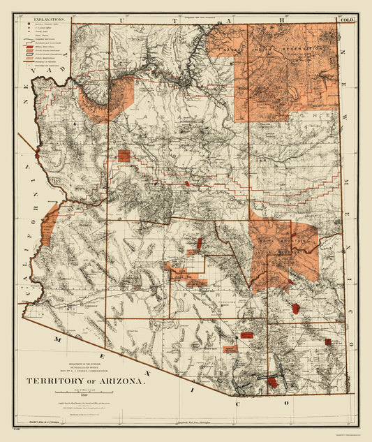 Historic State Map - Arizona Territory - GLO 1887 - 23 x 27.31 - Vintage Wall Art