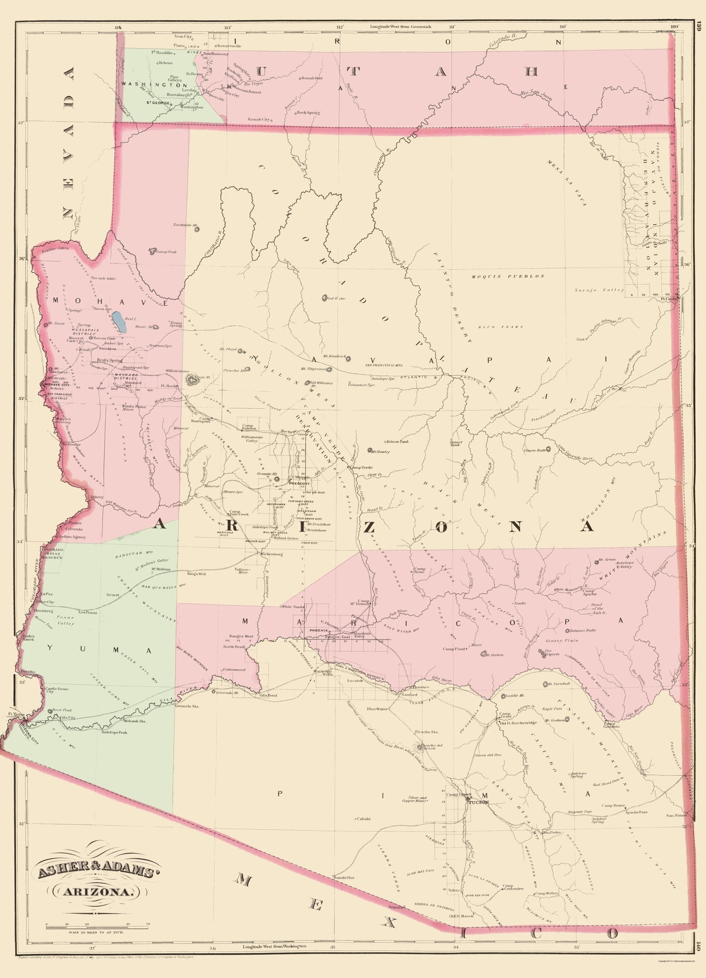 Historic State Map - Arizona - Asher  1874 - 23 x 31.87 - Vintage Wall Art