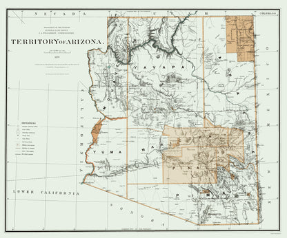 Historic State Map - Arizona Territory - Bien 1879 - 23 x 27.66 - Vintage Wall Art