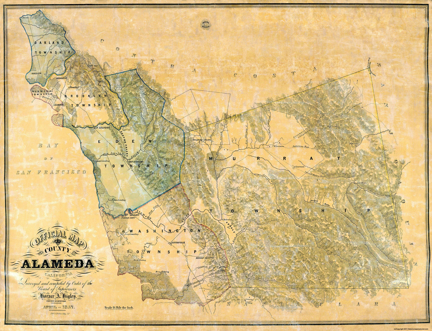 Historic County Map - Alameda County California - Higley 1857 - 30 x 23 - Vintage Wall Art