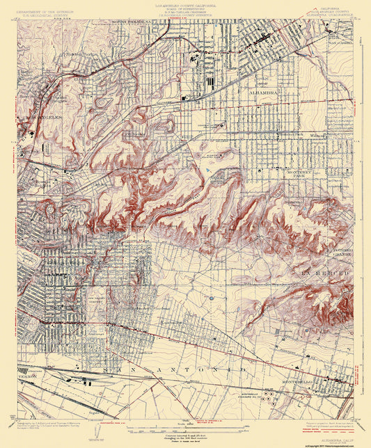 Topographical Map - Alhambra California Quad - USGS 1926 - 23 x 27.81 - Vintage Wall Art