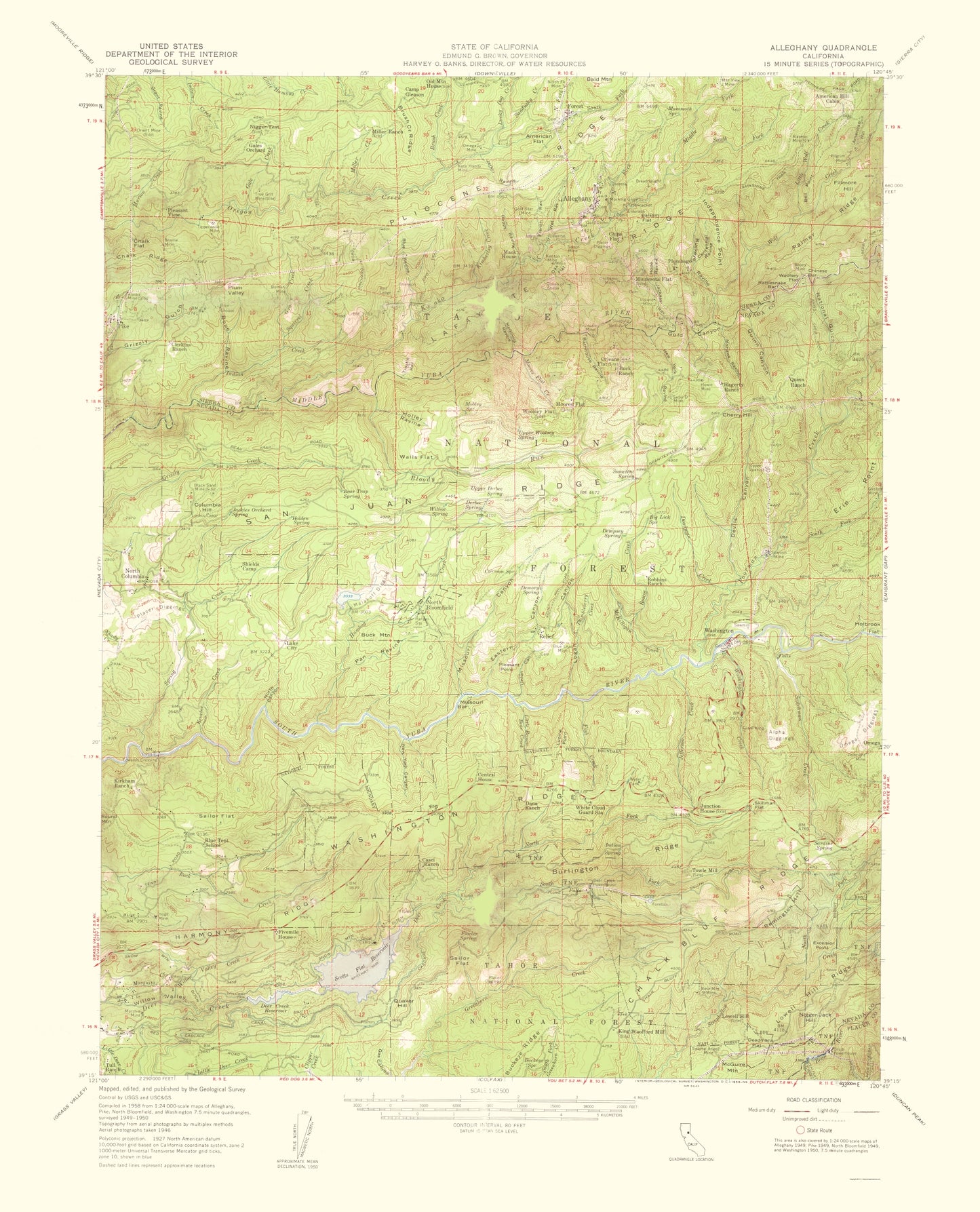 Topographical Map - Alleghany California Quad - USGS 1959 - 23 x 28.44 - Vintage Wall Art