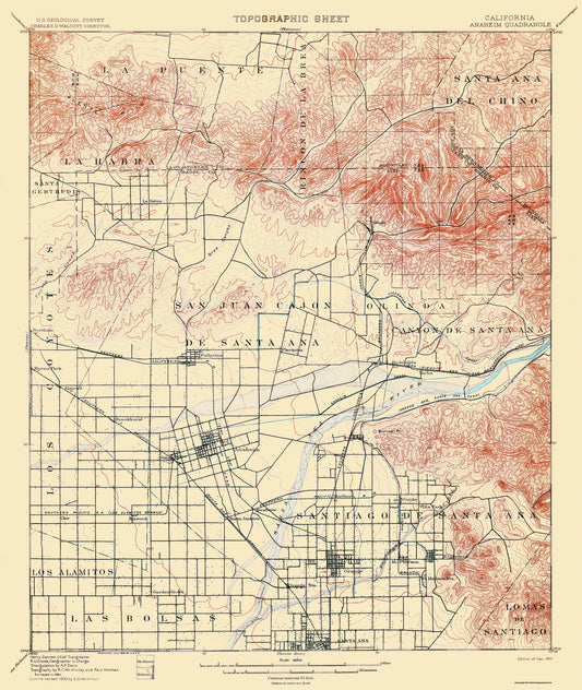 Topographical Map - Anaheim California - USGS 1901 - 23 x 27.25 - Vintage Wall Art