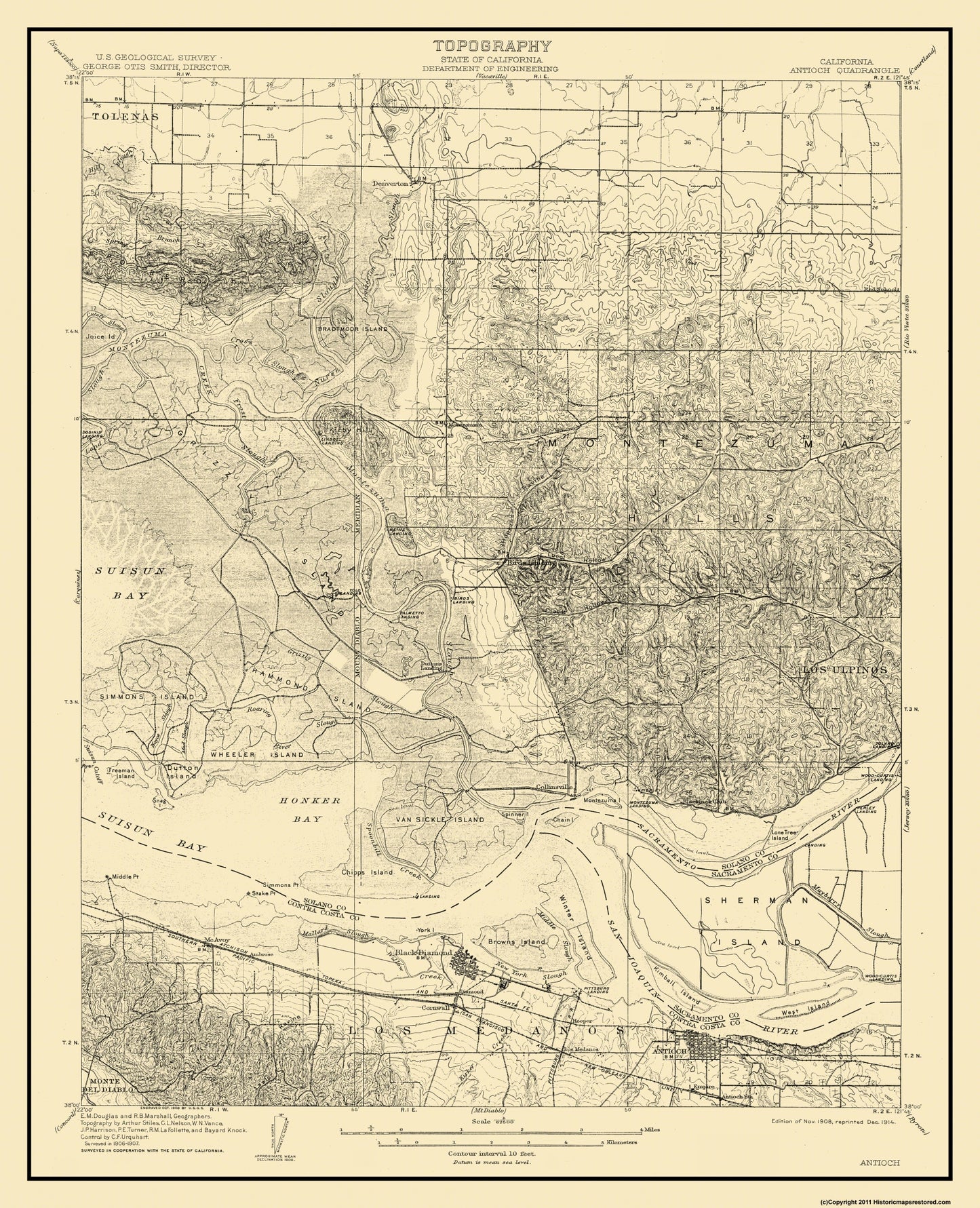 Topographical Map - Antioch California Quad - USGS 1908 - 27.5 x 23 - Vintage Wall Art