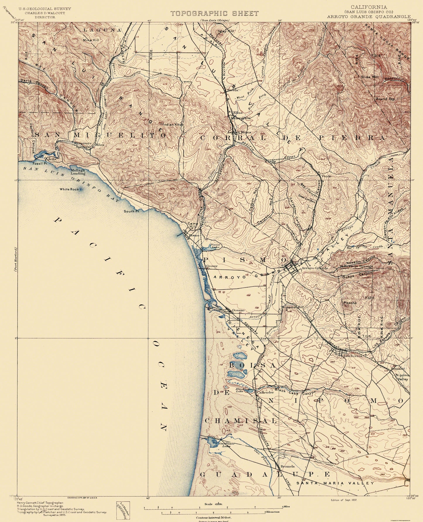 Topographical Map - Arroyo Grande California Quad - USGS 1897 - 23 x 27.81 - Vintage Wall Art