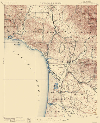 Topographical Map - Arroyo Grande California Quad - USGS 1897 - 23 x 27.81 - Vintage Wall Art