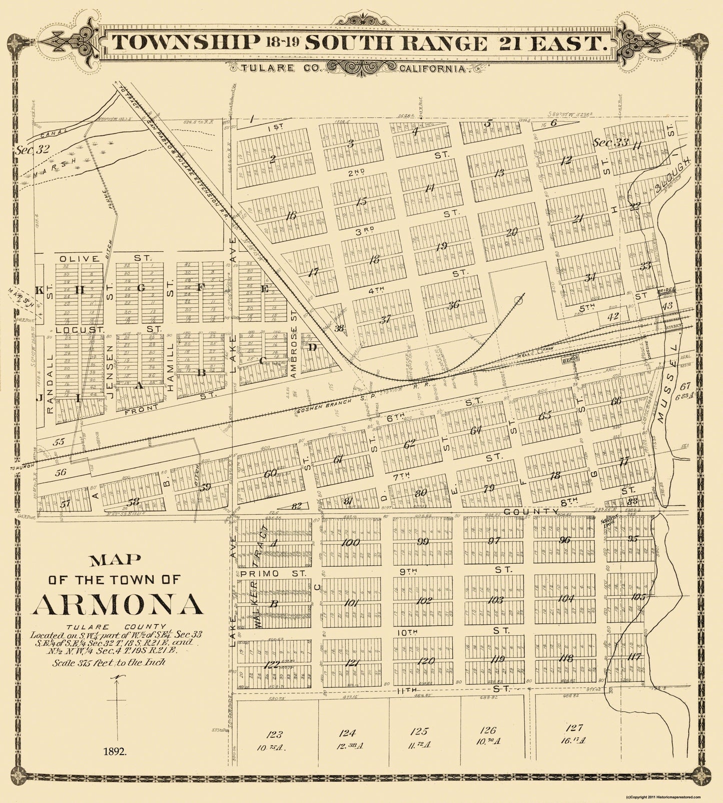 Historic City Map - Armona California - Thompson 1892 - 23 x 25.56 - Vintage Wall Art