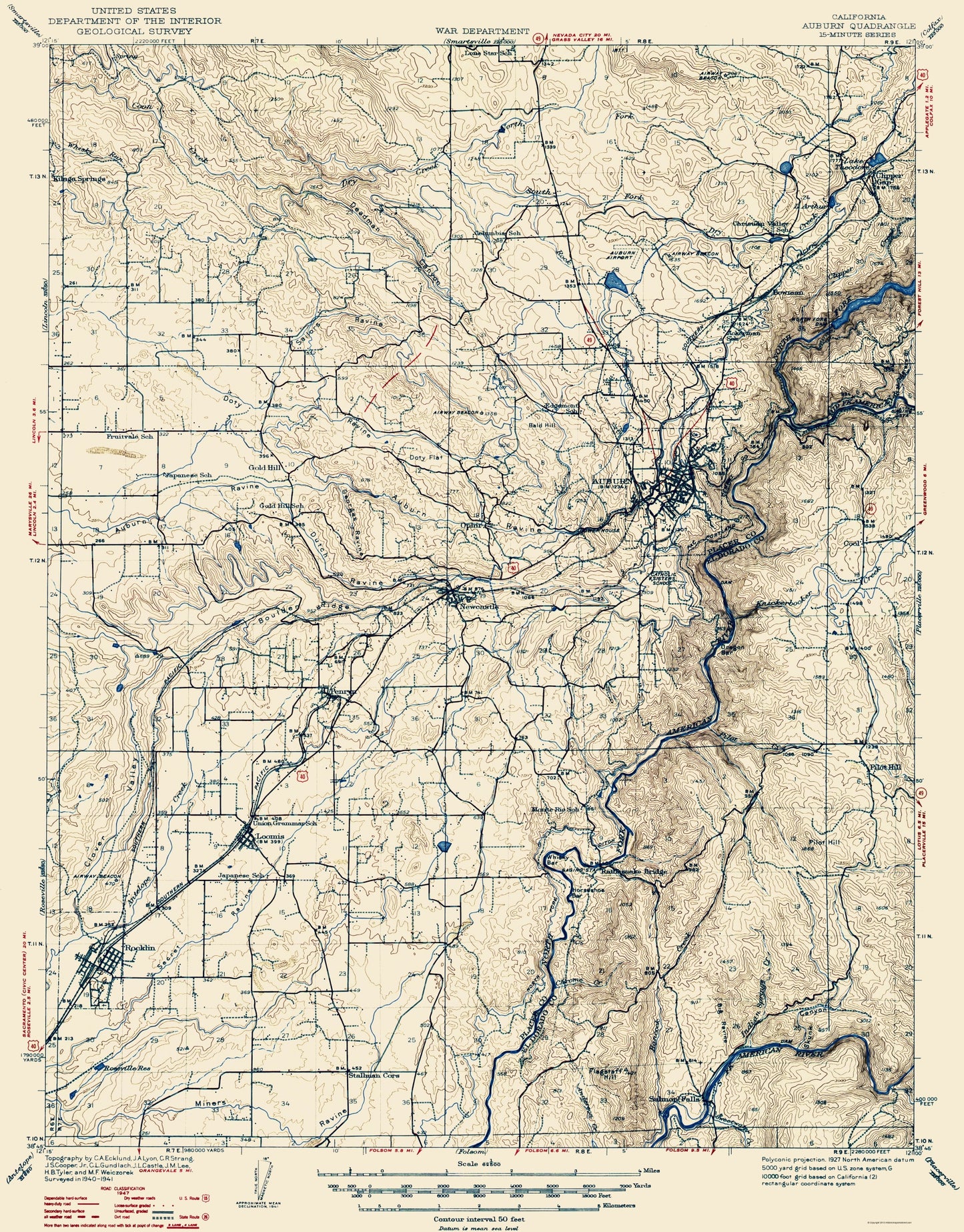 Topographical Map - Auburn California Quad - USGS 1941 - 23 x 29.39 - Vintage Wall Art