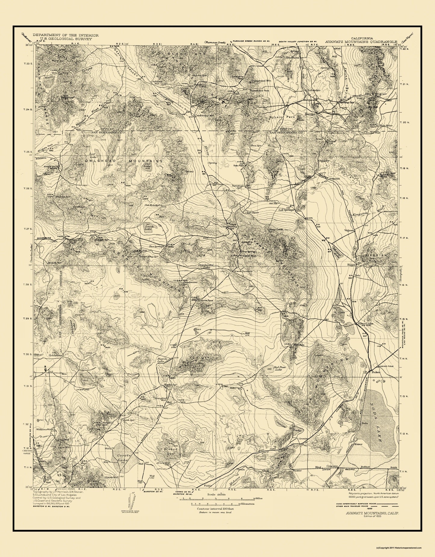 Topographical Map - Avawatz California Quad - USGS 1933 - 36.44 x 23 - Vintage Wall Art