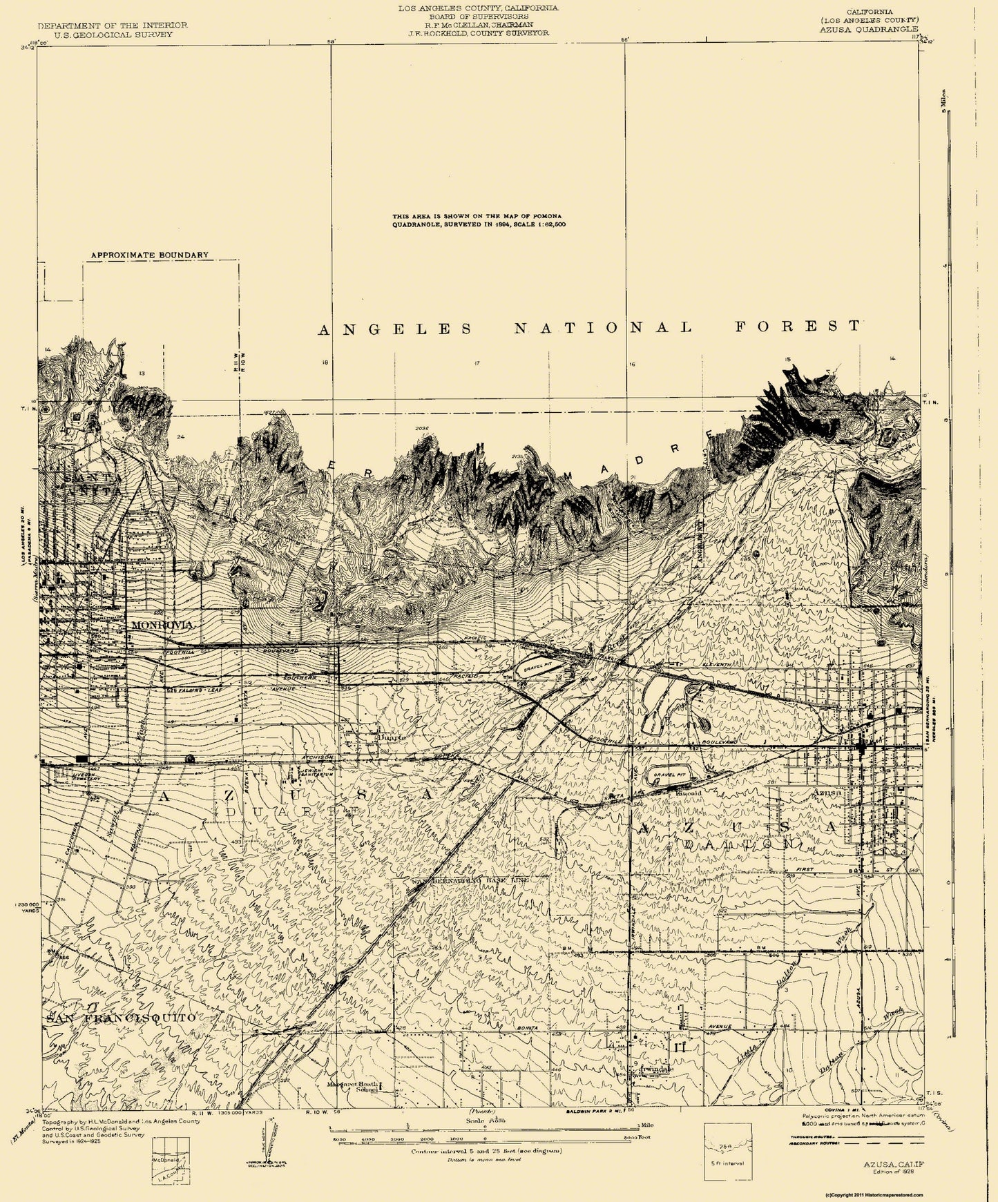 Topographical Map - Azusa California Quad - USGS 1928 - 23 x 29.38 - Vintage Wall Art