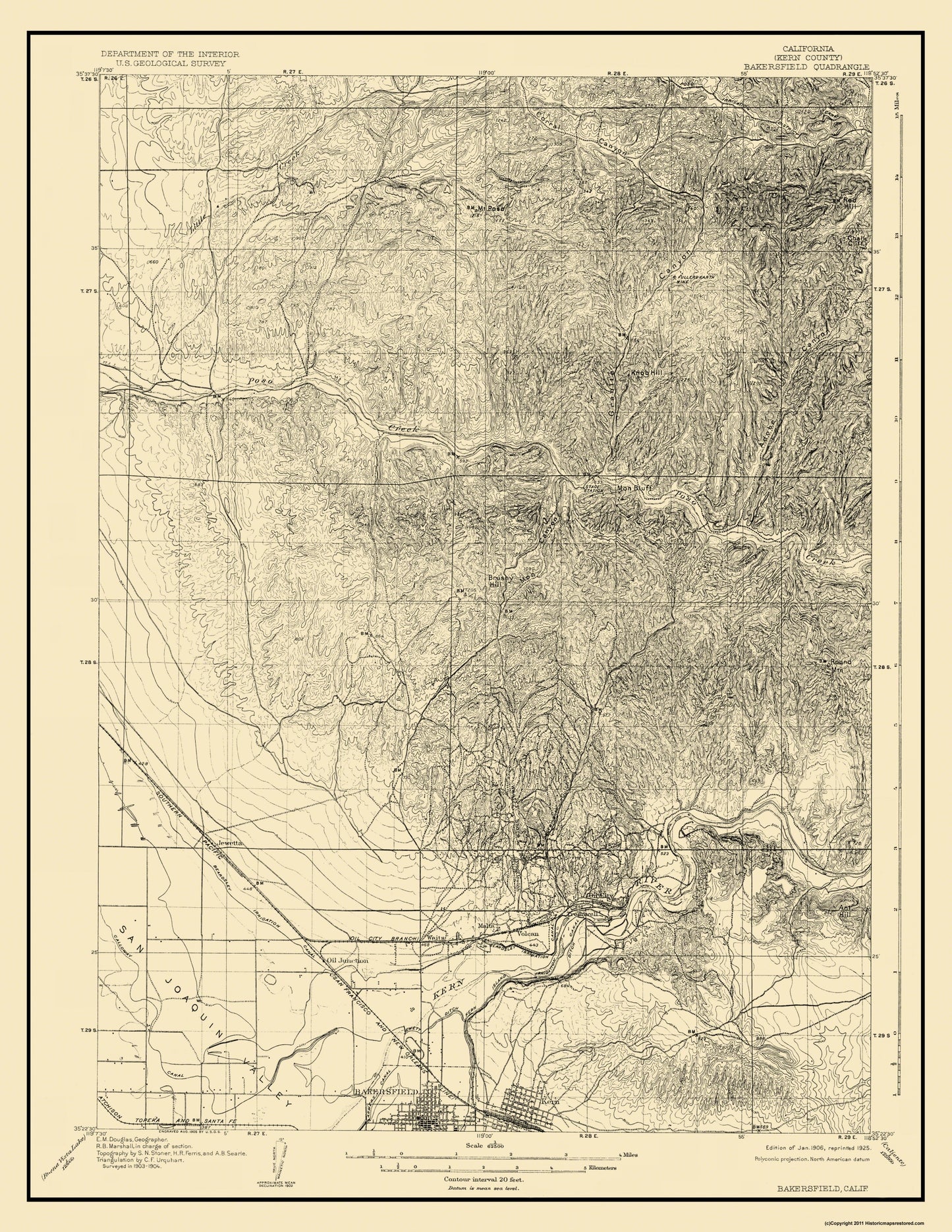 Topographical Map - Bakersfield California - USGS 1906 - 23 x 29.76 - Vintage Wall Art