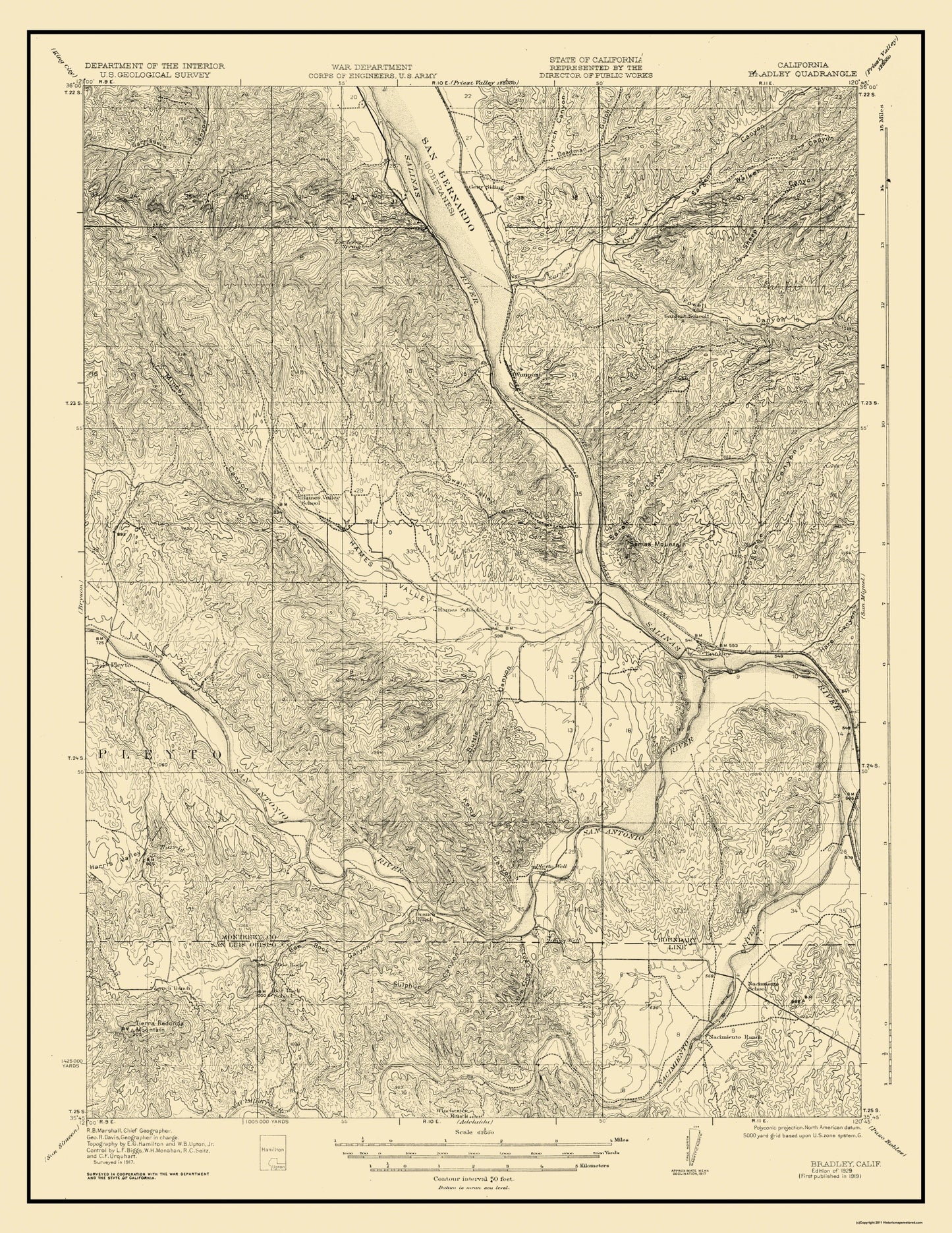 Topographical Map - Bradley California Quad - USGS 1929 - 23 x 29.75 - Vintage Wall Art