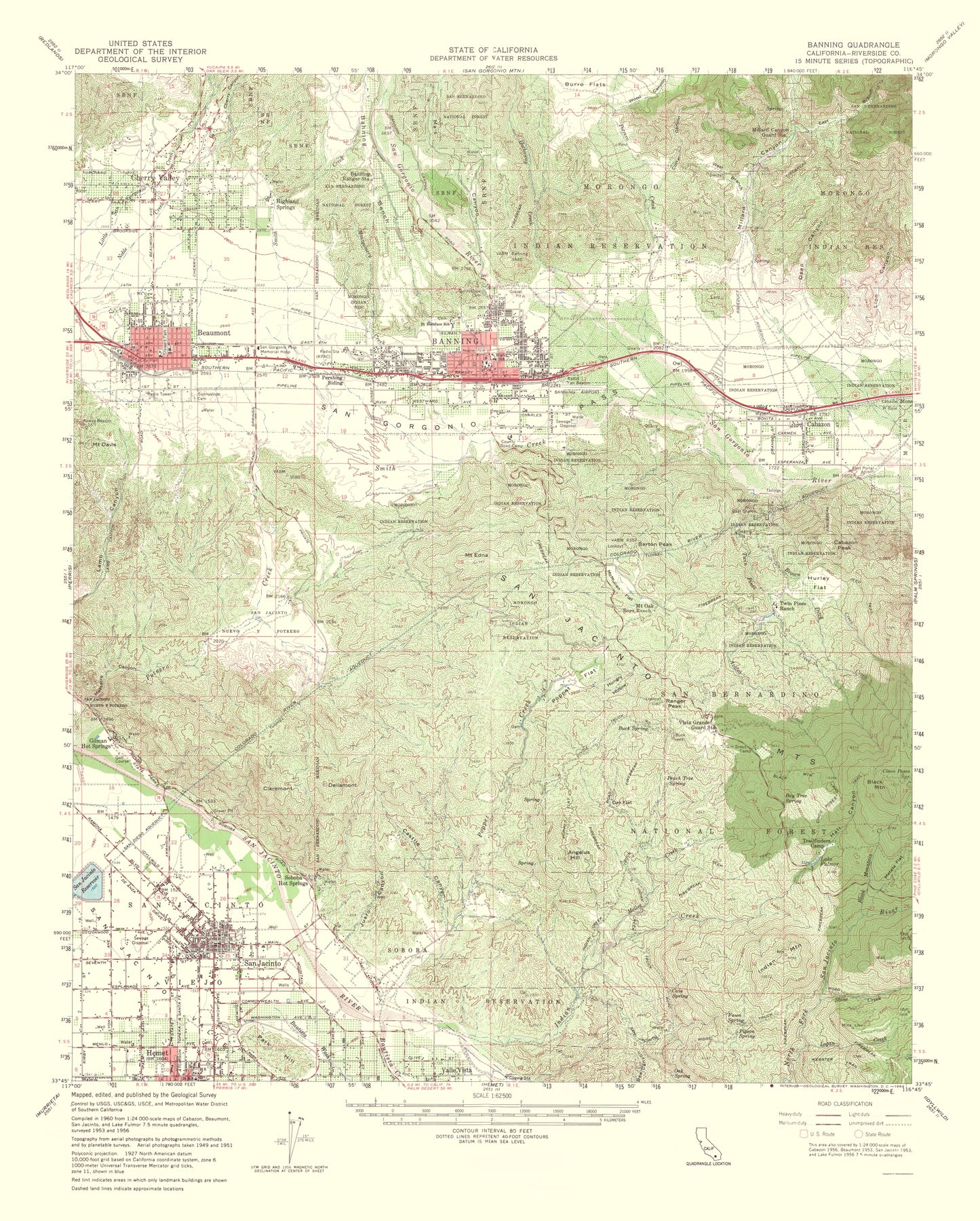 Topographical Map - Banning California Quad - USGS 1964 - 23 x 28.65 - Vintage Wall Art