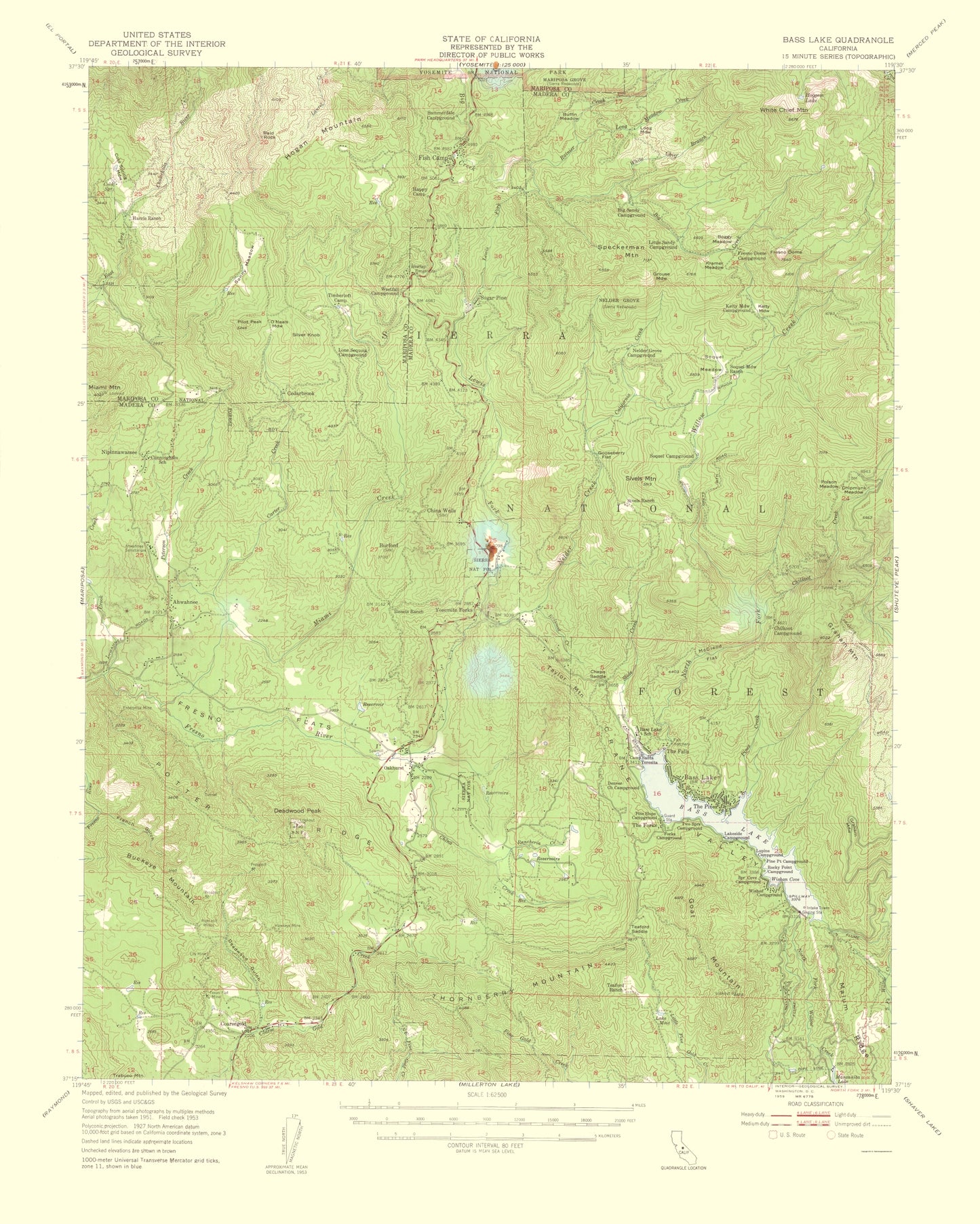 Topographical Map - Bass Lake California Quad - USGS 1959 - 23 x 28.75 - Vintage Wall Art