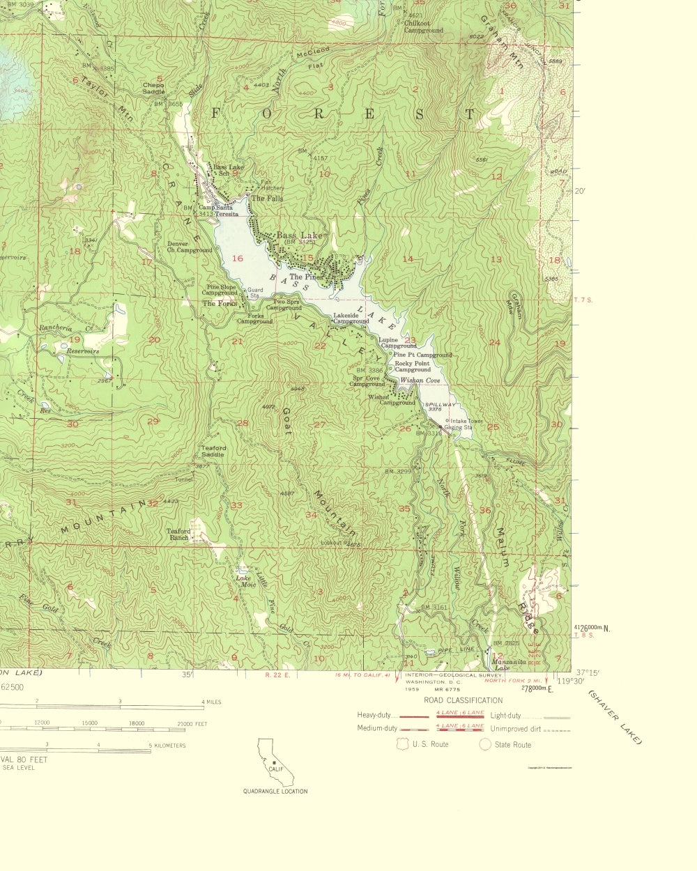 Topographical Map - Bass Lake California Quad - USGS 1959 - 23 x 28.75 - Vintage Wall Art