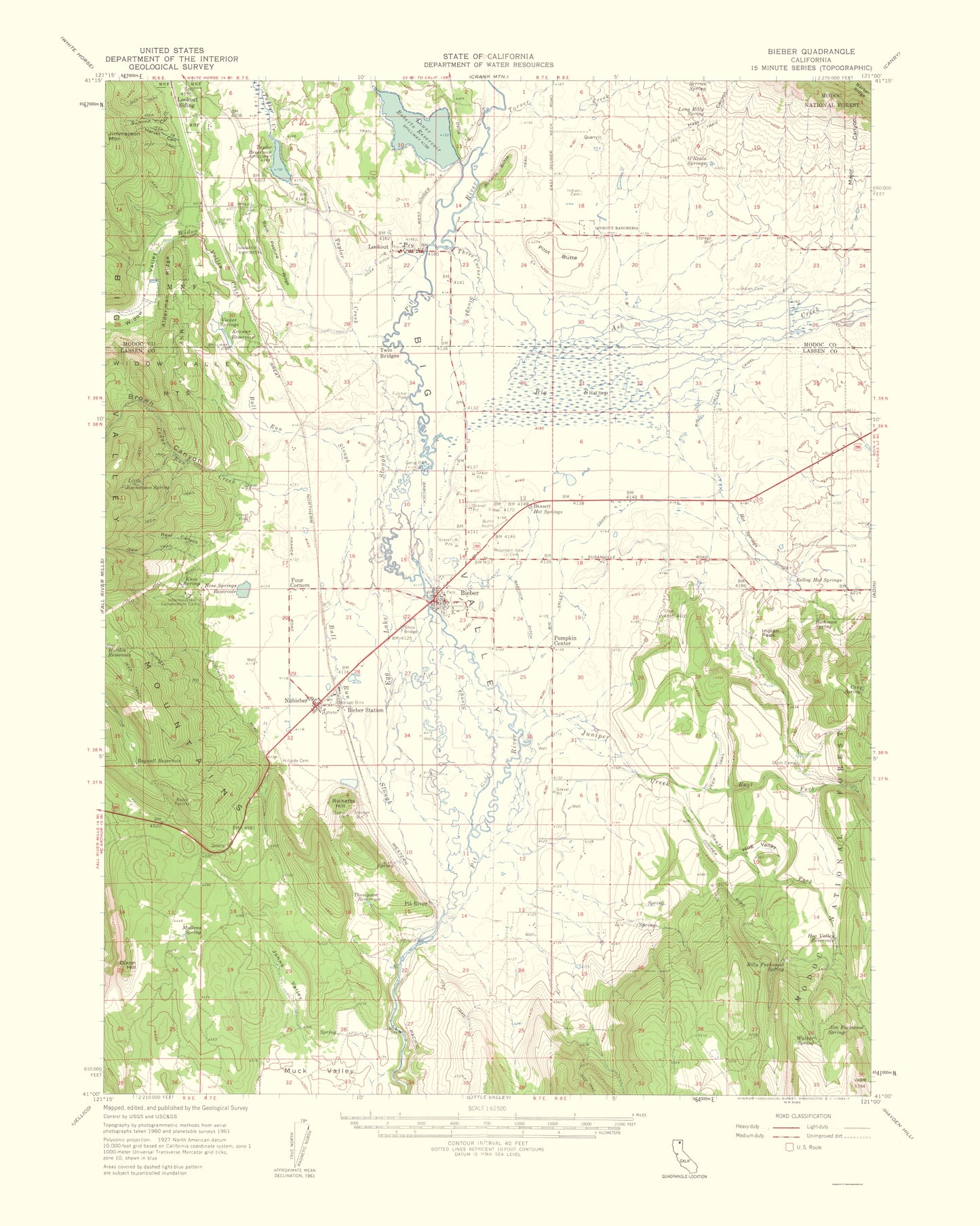 Topographical Map - Bieber California Quad - USGS 1963 - 23 x 28.76 - Vintage Wall Art