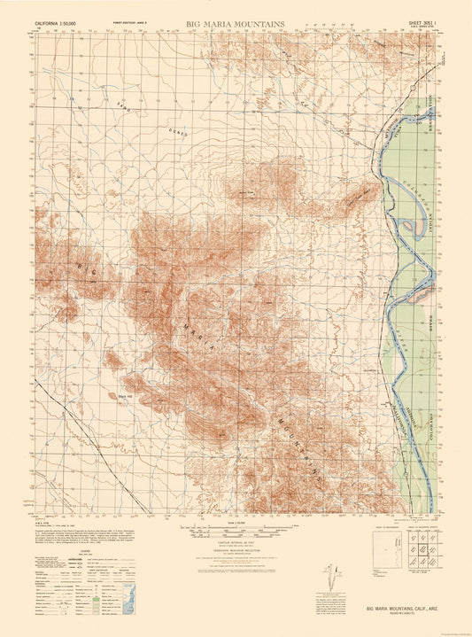 Topographical Map - Big Maria Mountains Sheet - US Army 1944 - 23 x 31.01 - Vintage Wall Art