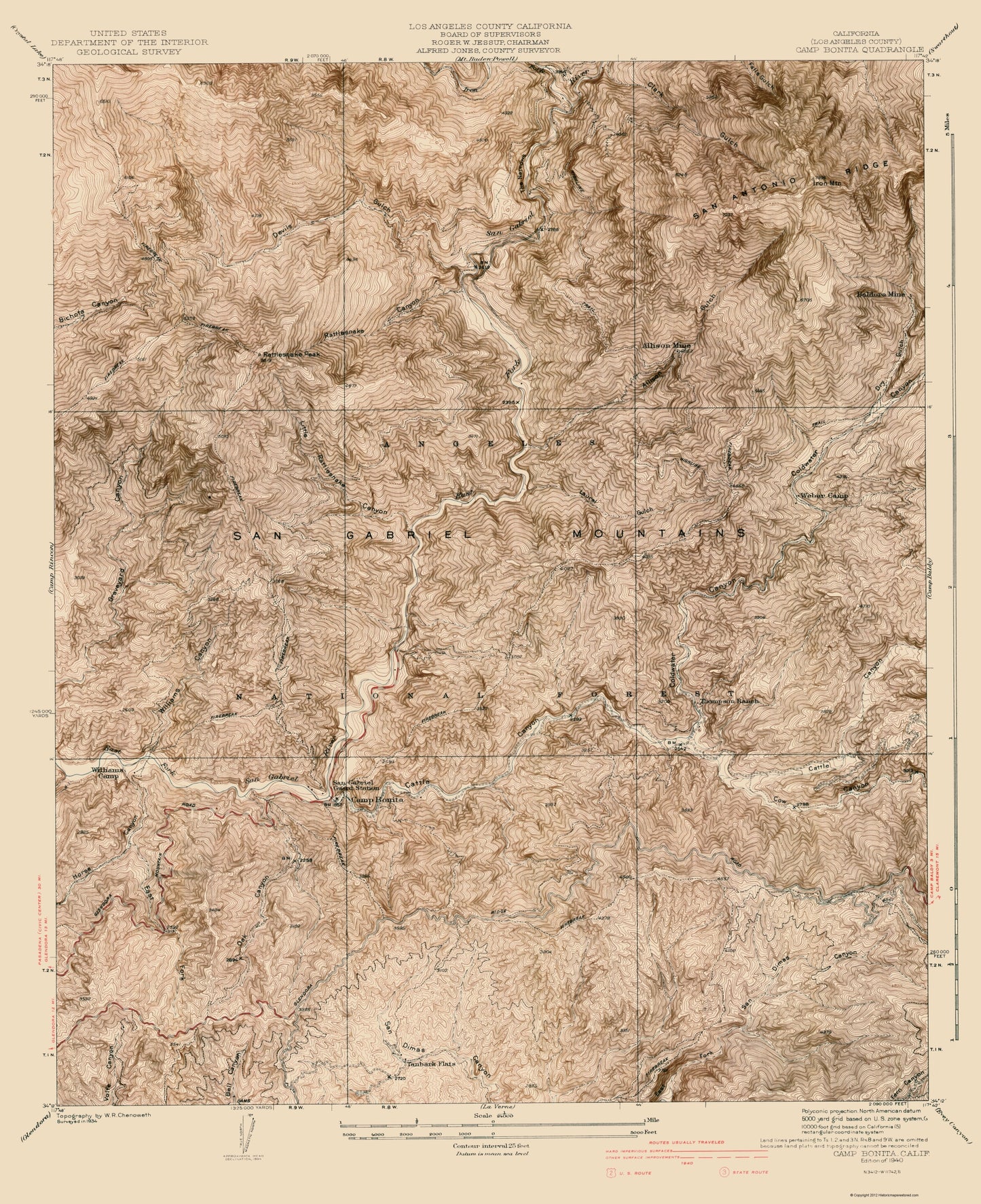 Topographical Map - Camp Bonita California Quad - USGS 1940 - 23 x 28.23 - Vintage Wall Art
