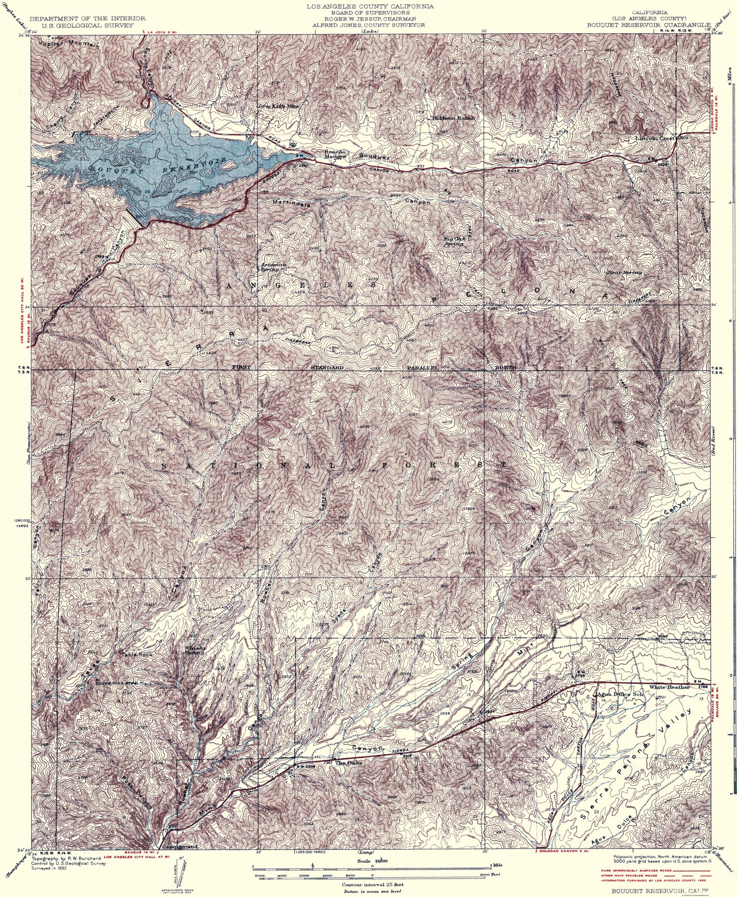 Topographical Map - Bouquet Reservoir California Quad - USGS 1937 - 23 x 27.97 - Vintage Wall Art