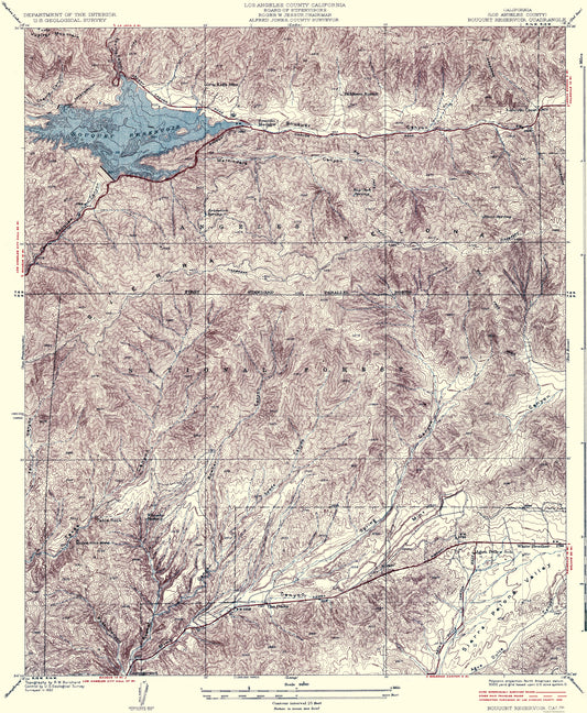 Topographical Map - Bouquet Reservoir California Quad - USGS 1937 - 23 x 27.97 - Vintage Wall Art